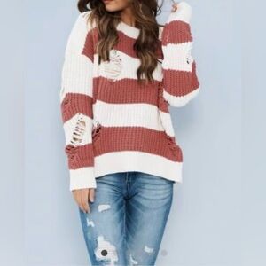 POL Distressed Striped Oversized Sweater Cream & Burnt Orange Chunky Knit Medium